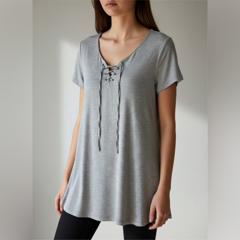 Pink Rose Women’s Grey Short-Sleeve Lace-Up V-Neck Tunic Top In